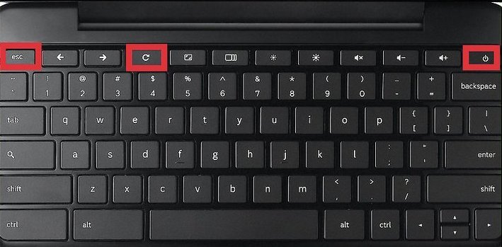 A digital stopwatch sits beside a school Chromebook during a factory reset.