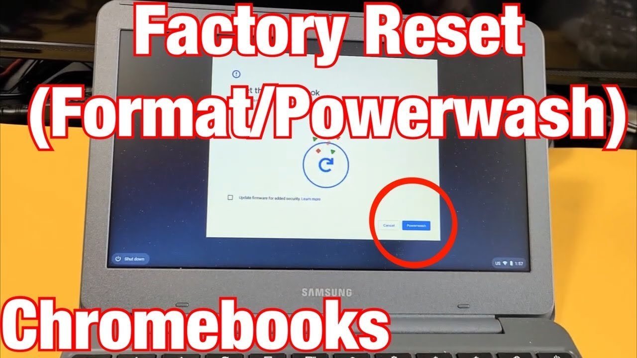 A school Chromebook screen displays the welcome setup page after a reset.