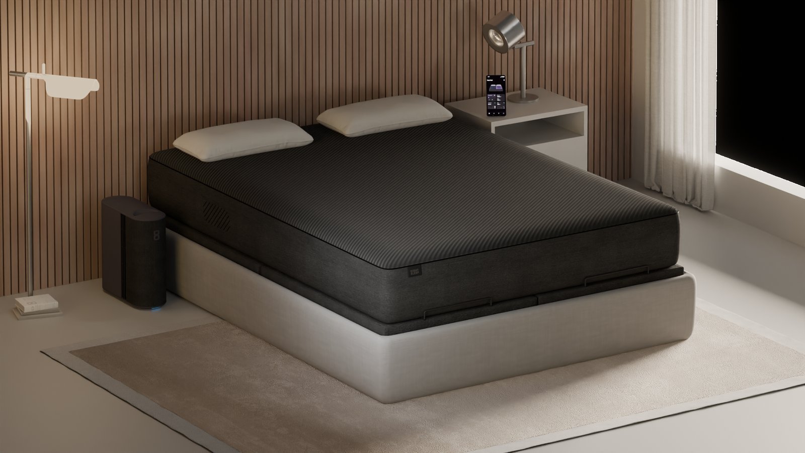 Hands using a smartphone to configure settings near an Eight Sleep Pod hub.