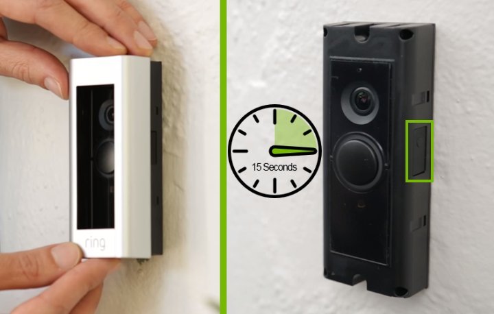 A video doorbell with a glowing white light indicating a successful reset.