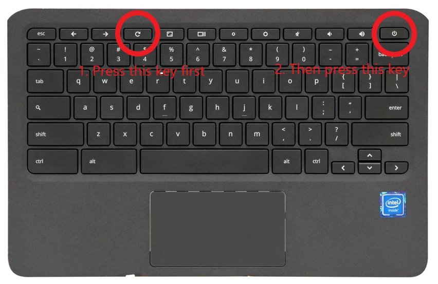 Hands pressing the refresh and power keys on a Chromebook during a reset.