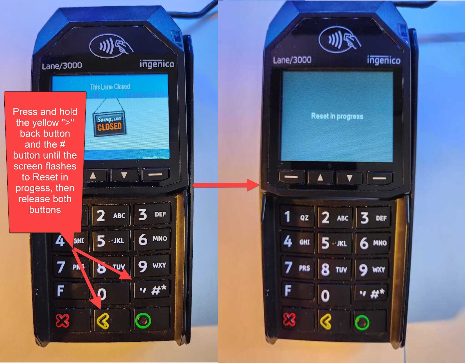Close up of a hand pressing the power button on a card reader.