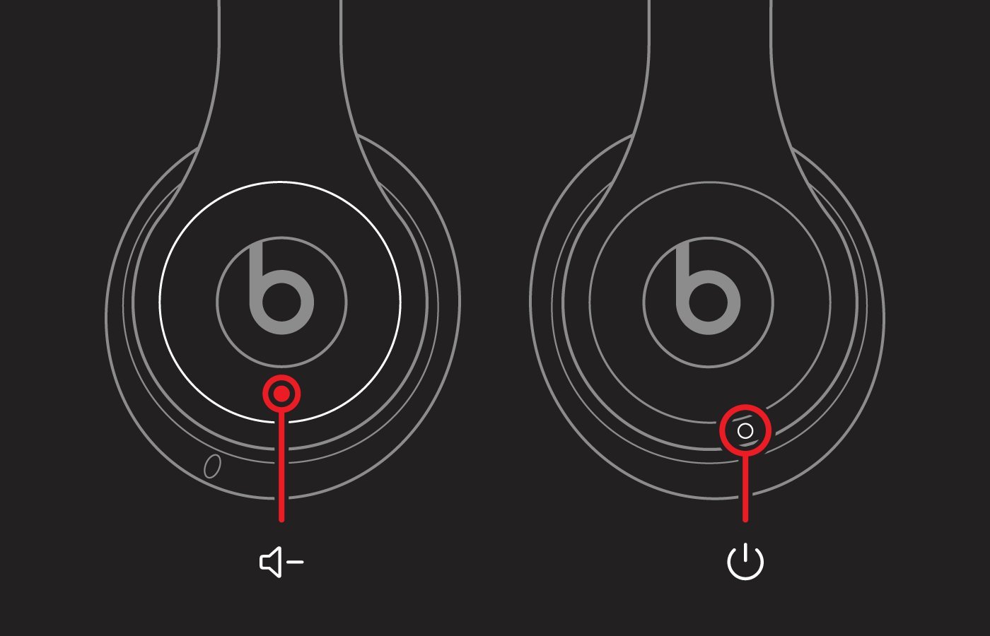 Fingers pressing the correct buttons on headphones to reset beats solo 4.