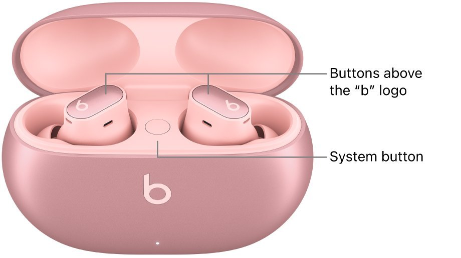 Hands holding Beats Studio Buds case showing the status light during a reset.