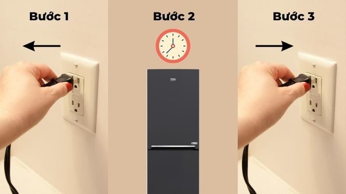Tools for resetting a Beko fridge including a thermometer and rating sticker information.