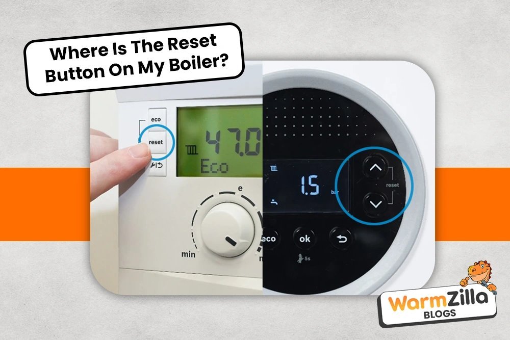 A hand positioned near a reset button on a residential boiler panel.