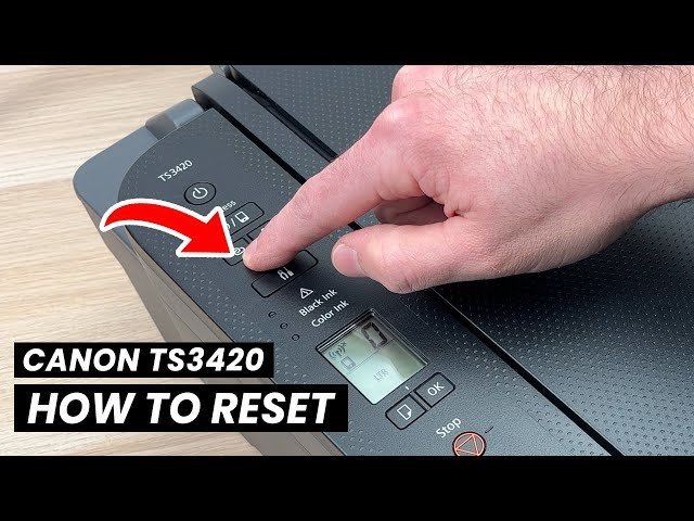 A printer screen displays language settings after a successful Canon printer reset.