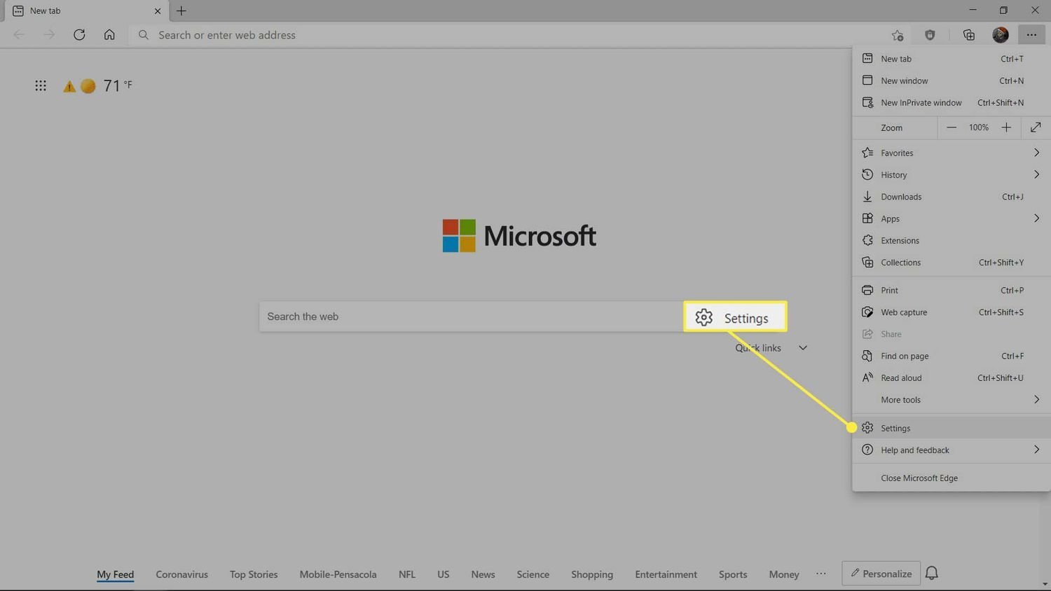 Selecting the reset settings option within the browser menu on a laptop.