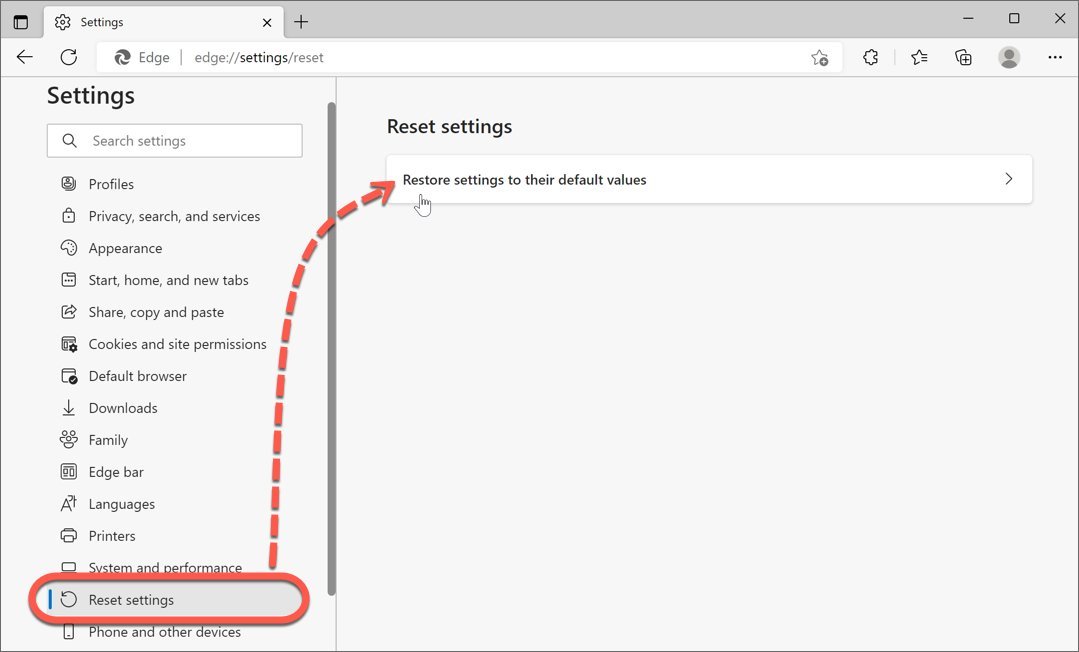The browser showing a successful reset with default settings and no extensions.