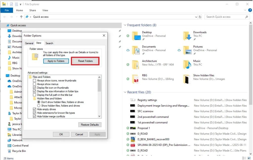 A computer screen showing a successfully reset File Explorer window on the desktop.