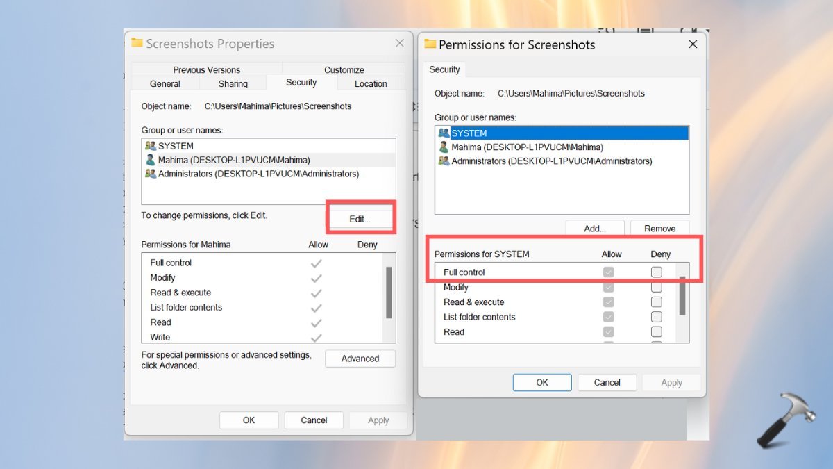 A computer workstation setup used for managing windows folder permissions and system settings.