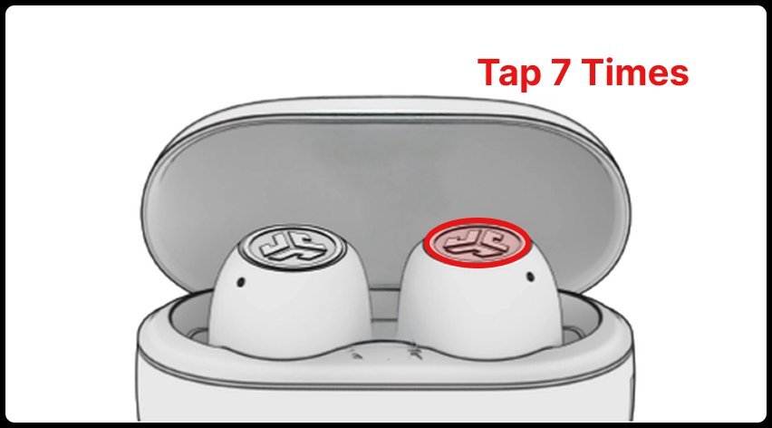 Wireless earbuds displaying indicator lights to confirm a successful factory reset.