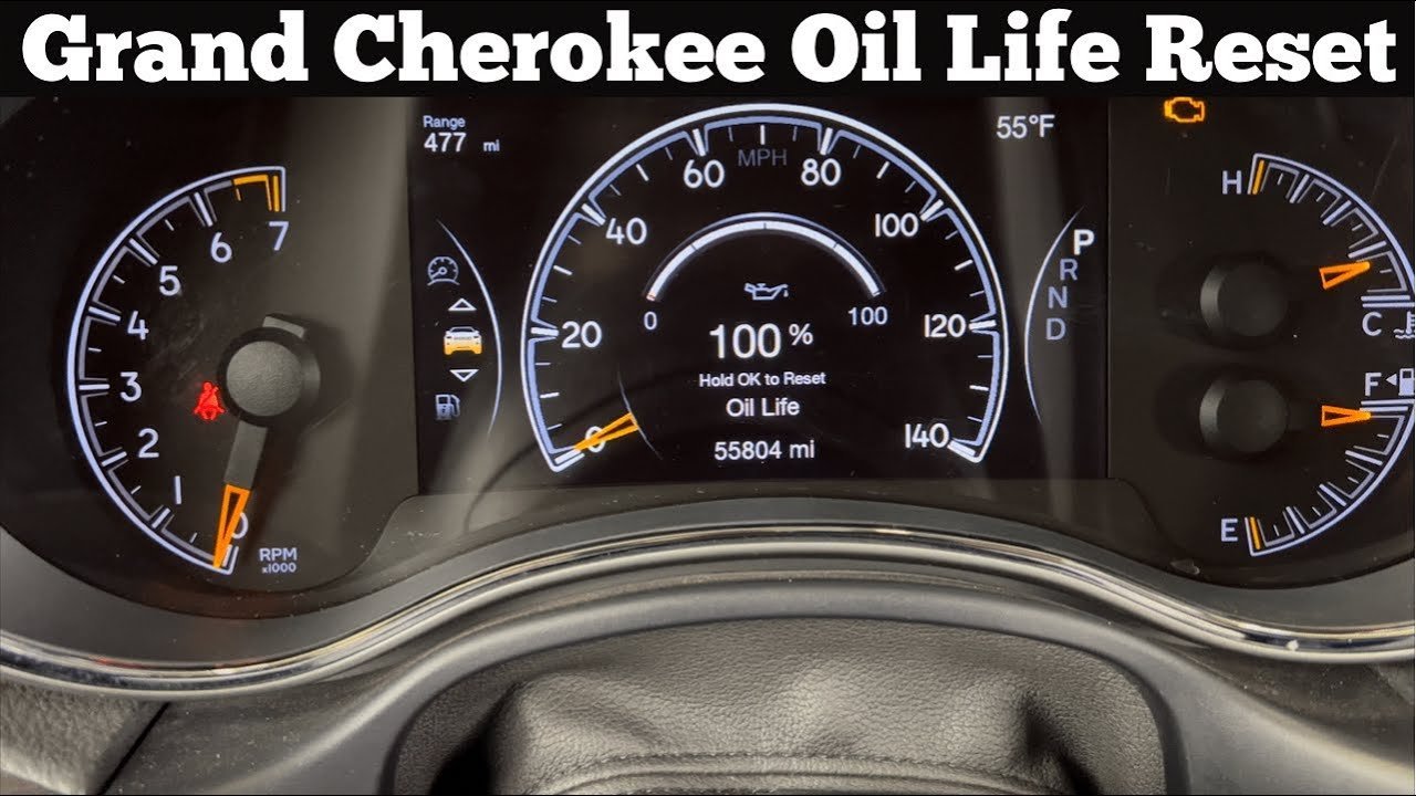 A Jeep Cherokee instrument cluster displaying a successful oil life reset at 100 percent.