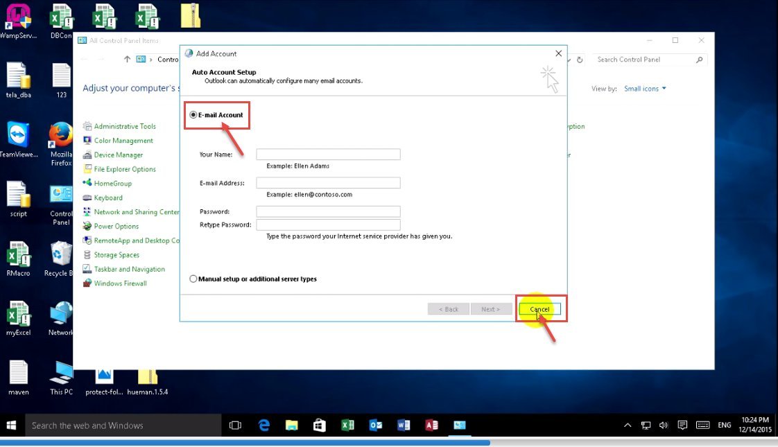 Hands typing in a Windows dialog box to begin the Outlook reset process.
